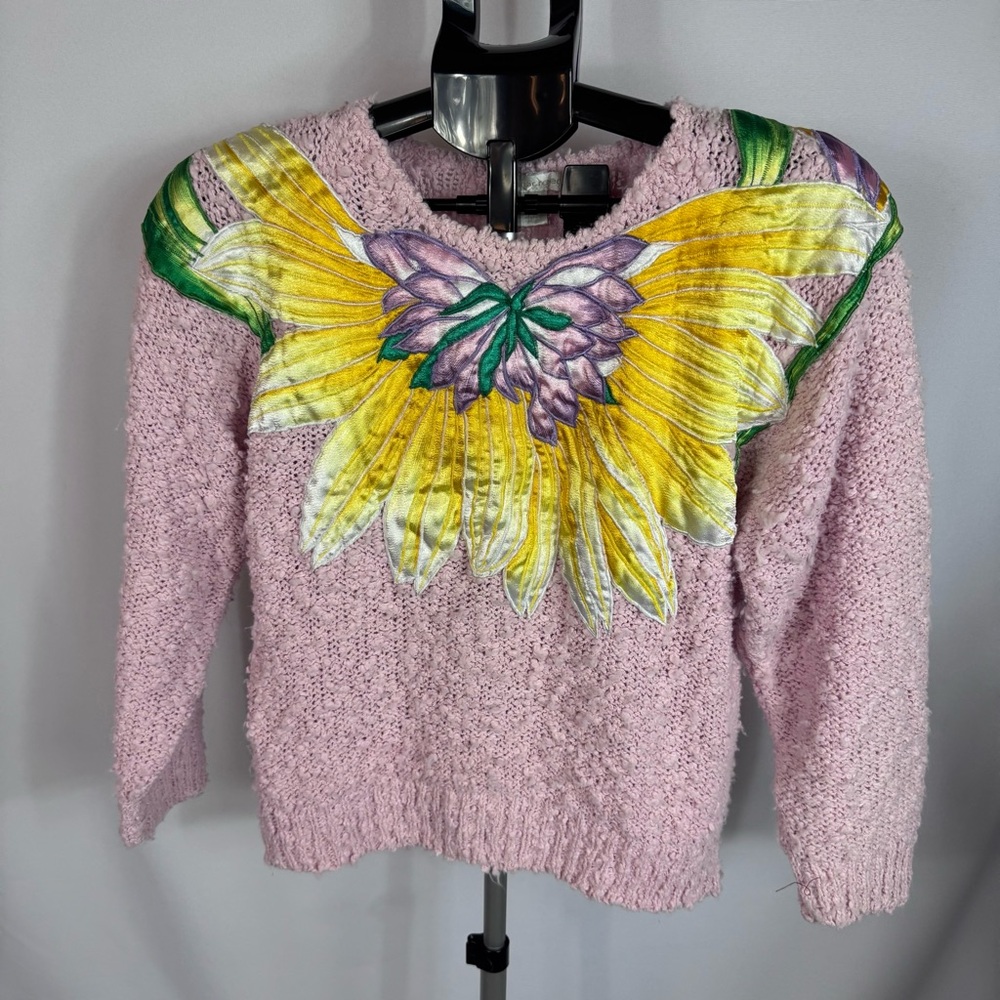 Jennifer Reed Sweater Womens L Pink Floral Embroidered Popcorn Knit